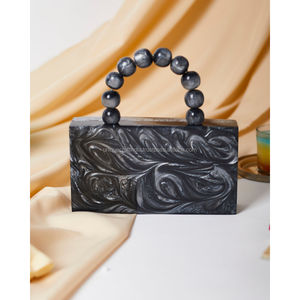 White Resin <b>Clutch</b> with <b>Black</b> Geometric Design Handmade Women Purse <b>Evening</b> Party <b>Bag</b> with Tassel Wholesale Bulk - Product Image 5