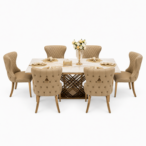 Juego de Comedor de Mármol Moderno y Lujoso con 6 Sillas con Respaldo de Alas Tapizadas en Terciopelo para Hogar, Hotel o Restaurante - Product Image 1