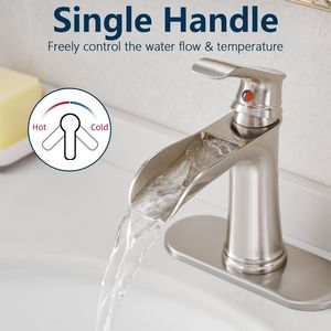 Rubinetto a cascata monocomando a 1 foro per lavabo con scarico a scomparsa, tubi di alimentazione, rubinetto per lavabo e piastra di copertura per bagno - Product Image 6