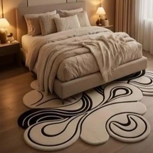 Alfombra Contemporánea de Lana Negra y Blanca con Diseño Abstracto Curvo, Alfombra de Lujo Suave y Afelpada, Moderna, Hecha a Mano, Decorativa para Sala de Estar - Product Image 1