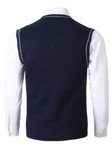 Gilet pull sans manches col en V bleu marine pour homme, tricot torsadé, coupe ajustée, avec bordure à rayures contrastantes, décontracté et professionnel - Product Image 2