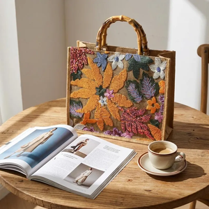 Floral <b>Sequin</b> Embroidered Linen Tote Bag | Natural Bamboo Handle Tote Bags by whimsy <b>Art</b> Craft - Product Image 1