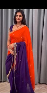 AARA Fashion <b>Orange</b> Purple Silk <b>Saree</b> Embroidered Border Traditional Indian Wedding Wear for Women Sun Protection All Seasons - Product Image 4