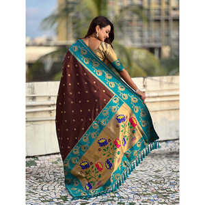 Elite Weaves Coffee <b>Brown</b> Soft Silk Lotus Paithani Saree Traditional Indian <b>Scarf</b> & Shawl 650g - Product Image 4
