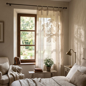 Custom Wholesale Embroidery Modern Classical Floral Hotel <b>Window</b> <b>Curtain</b> Blackout High Shading Natural Linen Ribbon Full Size - Product Image 4