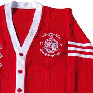 Delta Sigma Theta Men's Red V-Neck <b>Cardigan</b> Full Sleeve Button Closure Embroidered Letter Logo Autumn Wear Acrylic Material - Product Image 2
