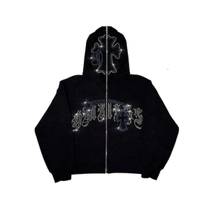 Sweat-shirt graphique pour homme en molleton, pull en coton mélangé de qualité supérieure, coupe oversize, avec fermeture éclair intégrale et strass, pour femme - Product Image 6