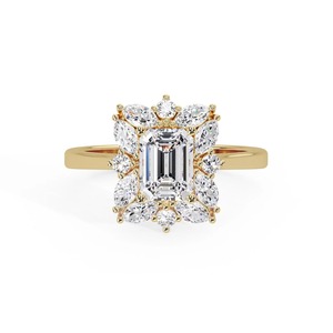 Anillo de compromiso personalizado de oro amarillo de 14 quilates con diamantes de corte esmeralda y halo floral, con piedras decorativas marquesa y redondas. - Product Image 1