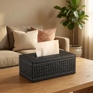Leather Tissue Box With <b>Black</b> Pattern Premium Hotel Tissue Holder for Hotels Resorts Offices and Hospitality Spaces - Product Image 3