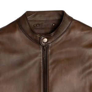 Mens <b>Brown</b> Genuine <b>Leather</b> Streetwear <b>Jacket</b> Snap Tab Collar Zip Front Slimfit Minimalist Premium Casual Custom Winter Outerwear - Product Image 5