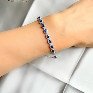 Genuine Blue Sapphire Halo Oval Cut Adjustable Slider Silver Bracelet Elegant Gemstone Jewelry Gift For Women - Product Image 6