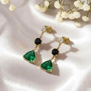Natural Trillion Cut Emerald <b>Earrings</b> With Black Obsidian Drop CZ Accent <b>Stud</b> <b>Earrings</b> 925 Sterling <b>Silver</b> Elegant Minimalist - Product Image 4