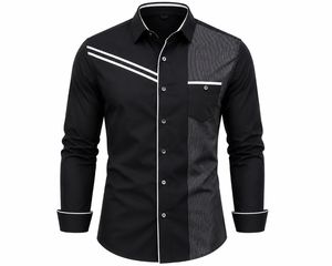 Chemise habillée noire à blocs de couleur pour homme, manches longues, motif uni, col montant, en tissu tricoté, style décontracté chic, idéale pour le printemps - Product Image 1