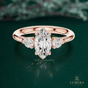 Marquise Cut Three <b>Stone</b> Trellis Basket Plain Band Gold Engagement Ring with Round Side Stones Classic Women's Fine Jewelry - Product Image 2