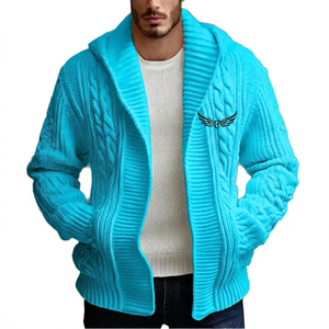 <b>Men's</b> White Knitted Open Front Thick Cable Knit Casual Winter Sweater <b>Jacket</b> Regular Fit Solid Color Turn-down Collar - Product Image 4