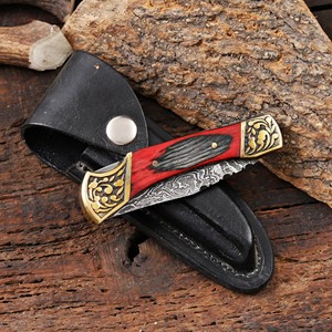 Industrial Grade Damascus Steel Bevel Folding Utility Knife Pakka Wood Handle <b>Leather</b> Sheath ODM OEM Pocket EDC Hunting Camping - Product Image 1