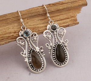 Boucles d'oreilles pendantes vintage en labradorite naturelle et argent sterling 925, bijoux faits main en pierres précieuses pour femmes, vente en gros - Product Image 1