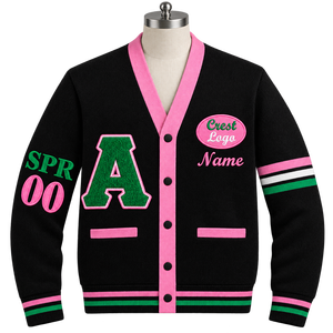 Cardigan en tricot à col en V rose et blanc Alpha de la sororité grecque, style preppy, manches longues, broderie chenille avec lettres, pour femmes - Product Image 2