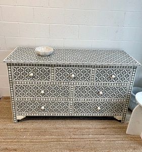 Mediterranean Style Wooden <b>Storage</b> <b>Cabinet</b> with Geometric Inlay Pattern and Multiple Drawers for Living Room Furniture - Product Image 1