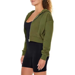 Custom Casual Women Solid Crop Pullover Hoodies Heavyweight Breathable 100% Cotton Fabric Long Sleeve Zip Wholesale Hoodie - Product Image 4