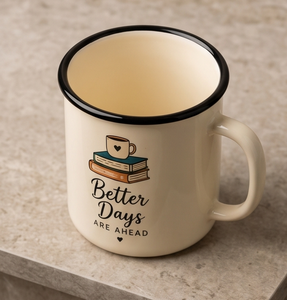 Custom Camp Mug Inspirational Reading Design Bookworm Quote Off White Enamelware <b>Black</b> <b>Edge</b> Bulk B2B Manufacturer Sourcing Hub - Product Image 5