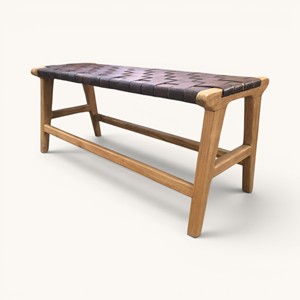 Muebles de Exterior Modernos de Madera de Teca, Banco de Madera Maciza con Correa de Cuero Tejida, para Entrada, Balcón, Jardín, Patio, Venta Directa de Fábrica al por Mayor - Product Image 2