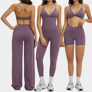 Women Twist Front Sports Bra Wide Leg Pants Yoga Set 5-Piece High Waist Leggings Biker Shorts Activewear <b>Cami</b> Tank Anti-Wrinkle - Product Image 4