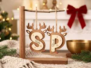Wooden Reindeer Initial <b>Ornaments</b> Personalized Christmas Tabletop Decor Rustic Holiday <b>Letters</b> Hanging Craft Gift - Product Image 1