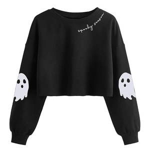 Women's <b>Black</b> <b>Fleece</b> Sweatshirt Ghost Appliques Drop Shoulder Crewneck Oversize Halloween Spooky Season Print Autumn Winter Wear - Product Image 2