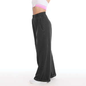 Joggers pour femmes de haute qualité, délavés à l'acide, à jambe large, à ourlet déchiré, délavés à la pierre - Product Image 4