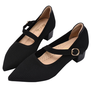 Ann'S Women Pointed Toe Mary Jane <b>Pumps</b> 4cm Block Heel Stretch Knit Office <b>Black</b> Shoes - Product Image 1