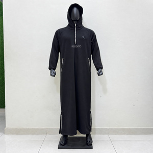 Hooded Men's Thobe Long Sleeve Floor Length Black Polyester Modest Prayer Wear Middle East Style Solid Color Regular Fit - Product Image 2