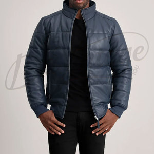 Chaqueta de Cuero Azul Marino Premium para Hombre, Ajustada, con Cuello Alto, Acolchada, de Invierno, Chaqueta Bomber de Cuero Sintético - Product Image 1