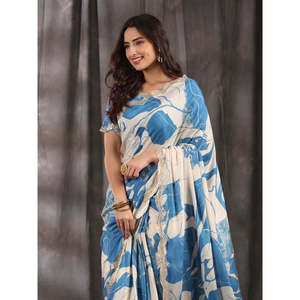 Sari Azul Tejido de Diseño Moderno para Fiestas con Hermoso Estampado Floral Digital - Product Image 5