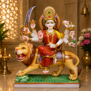 Marble Durga Maa Statue on Lion | Seated Durga Mata Murti with Sword, Lotus and Conch by MALIYAS Jaipur India - Product Image 1