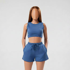 Womens Solid Blue Sleeveless Crop <b>Top</b> <b>and</b> Matching Drawstring <b>Shorts</b> Twin <b>Set</b> OEM ODM Wholesale Apparel - Product Image 2