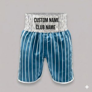 Shorts de boxe bleus personnalisés avec nom, ceinture à paillettes, rayures fines, en satin, pour le kickboxing, vente en gros, vêtements de sport personnalisés pour l'entraînement - Product Image 5