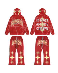 Conjunto de Sudadera con Capucha y Pantalones Anchos de Felpa de Algodón Sólido Personalizado por el Fabricante, Diseño de Diamantes de Imitación, Doble Cintura, Holgado, Oversize, Invierno - Product Image 1