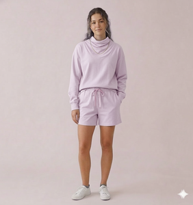 Ensemble haut à col montant et short pour femme, reflétant une tendance innovante en matière de mode, grâce à une tenue moderne en deux pièces. - Product Image 1