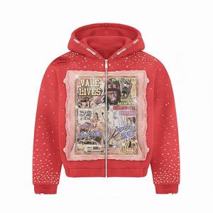 Custom Washed Black Full Zip <b>Rhinestone</b> Hoodie Vintage Graphic Print Oversized Heavyweight Cotton Streetwear Hooded <b>Jacket</b> - Product Image 5