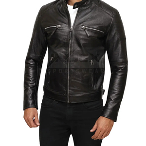 Chaqueta de Motociclista de Cuero Genuino Negro para Hombre, Cierre de Cremallera, Cuello Alto, Color Sólido, para Otoño, Corte Regular, Ajuste Delgado - Product Image 1