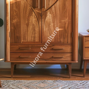 Luxury Handcrafted Solid Wood 2 Door <b>Wardrobe</b> Mid Century Modern Design Premium Finish Armoire - Product Image 3