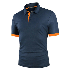 Men's Short Sleeve <b>Polo</b> <b>Shirt</b> Solid Color Pique Knitted Breathable Casual Wear Orange Trim <b>Navy</b> Blue - Product Image 1
