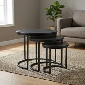 Modern Nesting <b>Side</b> <b>Tables</b> Wood Top Metal Frame Minimalist Design Living Room Furniture Wooden Iron nesting <b>set</b> - Product Image 4