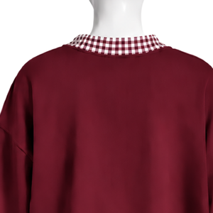 Mens <b>Maroon</b> Oversized Crewneck Sweatshirt With Gingham Checkered Trim Long Sleeve Graphic Print Pullover Casual Streetwear <b>Top</b> - Product Image 4