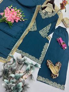 Ensemble Salwar en Rayonne Brodé Bleu Turquoise avec Dupatta – Tenue Traditionnelle Indienne et Pakistanaise pour Femme, Coupe Ample, Longueur Cheville, Décontractée - Product Image 4