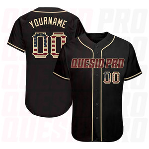 Camiseta de Béisbol Personalizada para Hombre, Camisetas con Logotipos Bordados, Uniformes Cosidos, Camiseta de Béisbol Auténtica Vintage Negra con Bandera de Estados Unidos Crema - Product Image 1