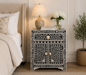 Designer Resin Bone Inlay <b>Bedside</b> <b>Table</b> with Drawer & Doors End <b>Table</b> Bone Inlay Nightstand Bedroom Luxury Accent Cabinet - Product Image 2