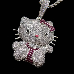 Colgante de Hello Kitty con Cristales de Estrás y Moissanita + Aleación de Plata 925, Joyería de Regalo con Diseño de Dibujos Animados, Estilo Hip Hop, con Diamantes Brillantes - Product Image 1