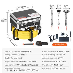 Telecamera per ispezione tubi con localizzatore 512Hz autolivellante, 165 piedi/50 m, schermo HD 1080P da 9 pollici, zoom 36X, endoscopio industriale a serpente - Product Image 6